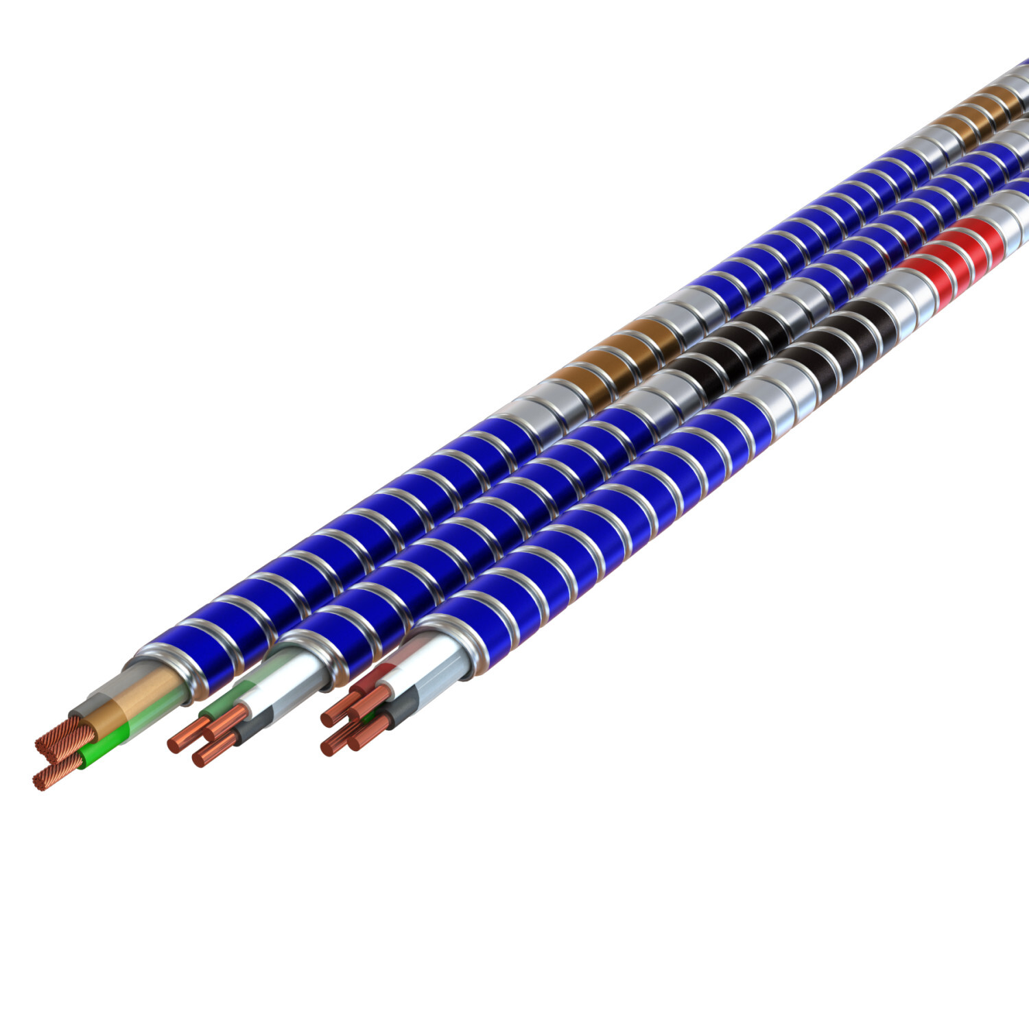12-2 Solid Red, White, Green - MC Glide Tuff Blue Interlocked Galvanized Steel Armor w/Phase ID - Type MC - 250' Coil