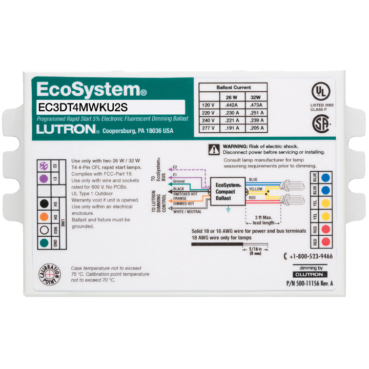 EC3DT4MWKU2S EcoSystem Type K Digital Dimming Ballast, T4 Lamp, 26/32 W Lamp, 120/220/240/277 VAC, Programmed/Rapid, 0.95 Ballast Factor