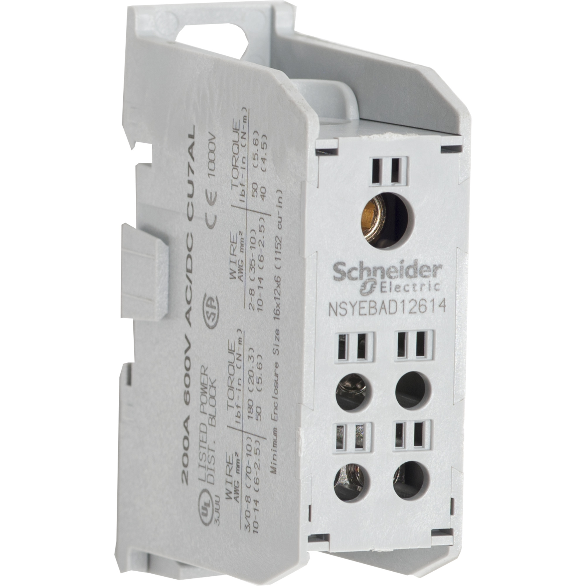 NSYEBAP12614 Linergy Enclosed Power Distribution Block With AL Lug, 600 V AC/DC, 200 A CU/155 A AL, 1 Poles, 14 to 3/0 AWG Line Side/14 to 2 AWG Load Side CU Wire, Thermoplastic