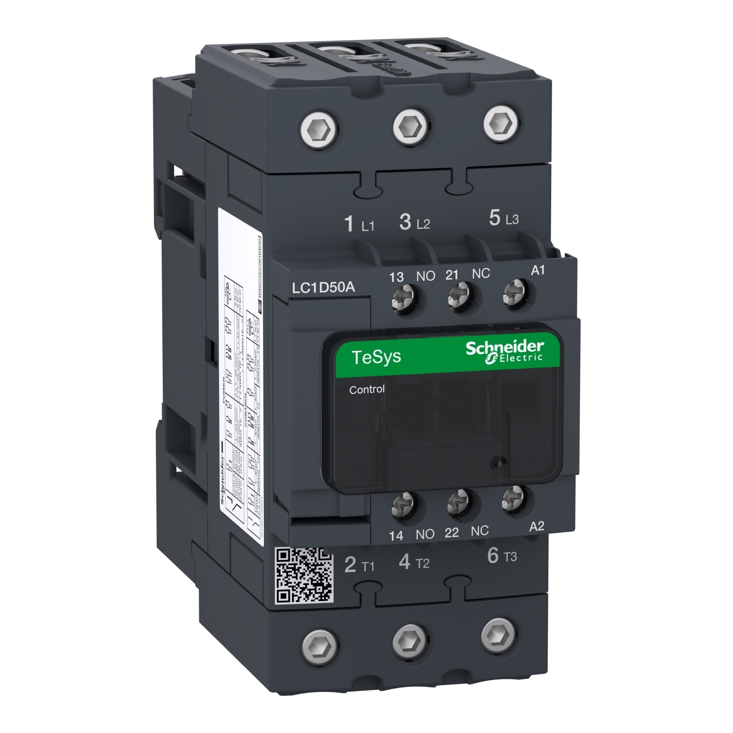 LC1D50ALE7 TeSys D 3 Phase Contactor With Front Cover, 208 V AC V Coil, 50 A, 3NO Contact, 3 Poles