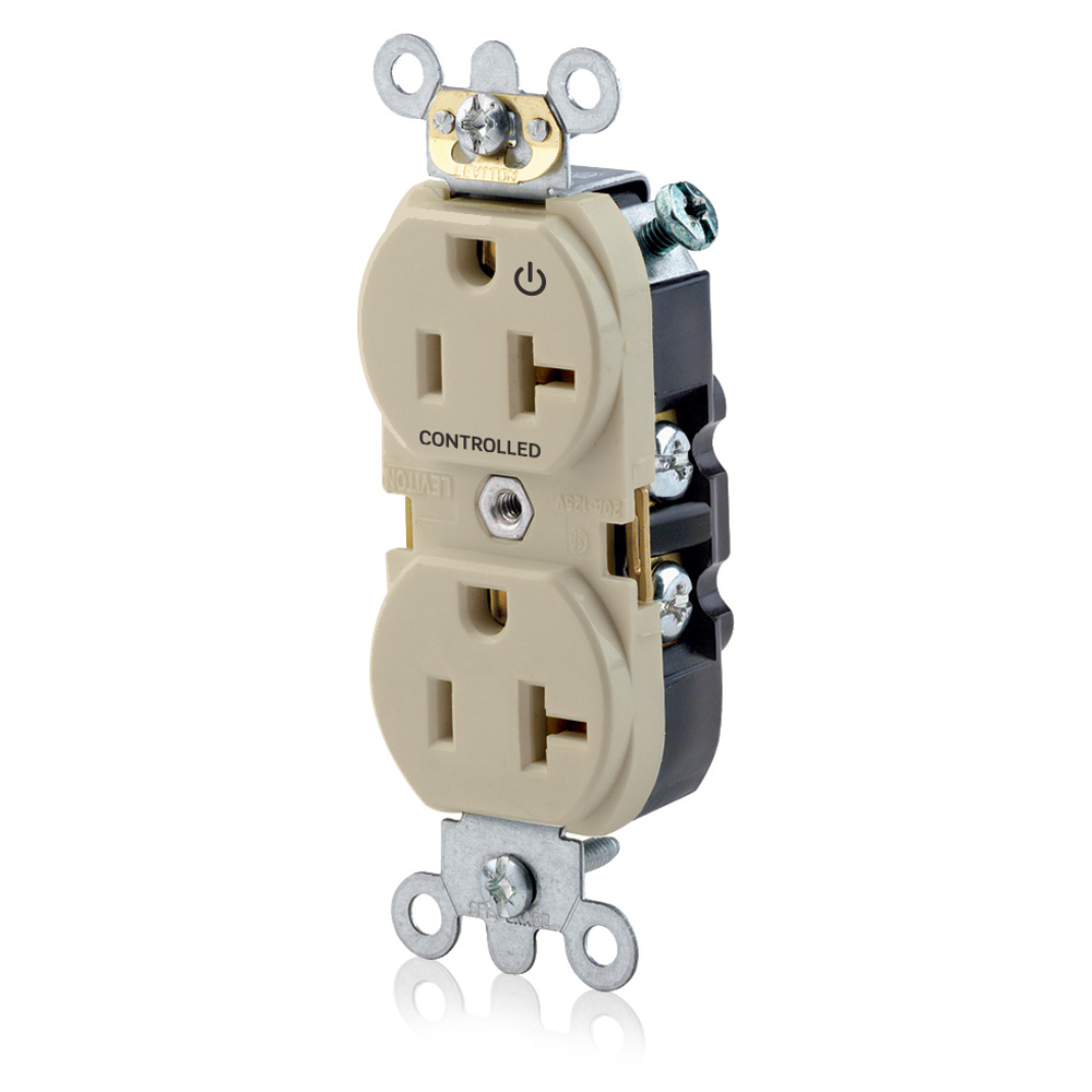 5362-S1I Heavy Duty Narrow Body Straight Blade Duplex Receptacle With 1 Plug Controlled Markings, 125 V AC, 20 A, 2 Poles, 3 Wires, Ivory