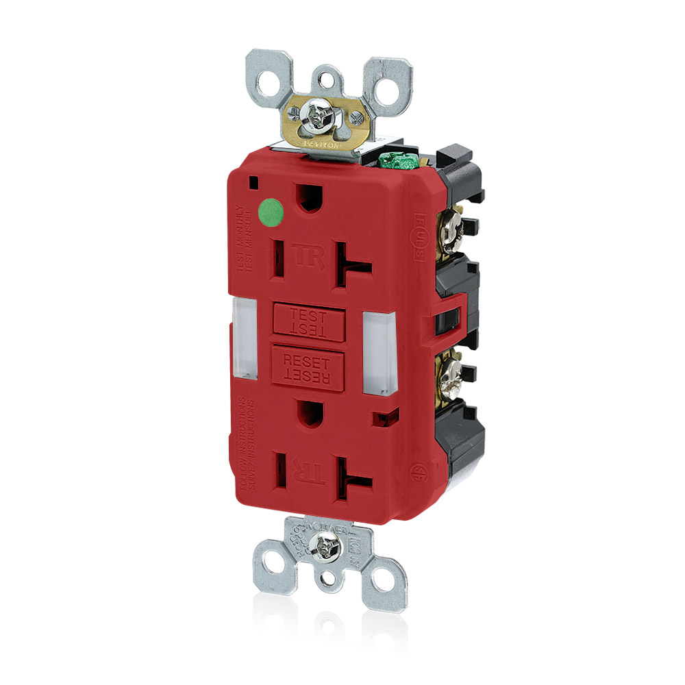 GFNL2-HGR SmartlockPro Slim Duplex Self-Test Tamper Resistant GFCI Receptacle With Guide Light, 125 V AC, 20 A, 2 Poles, 3 Wires, Red