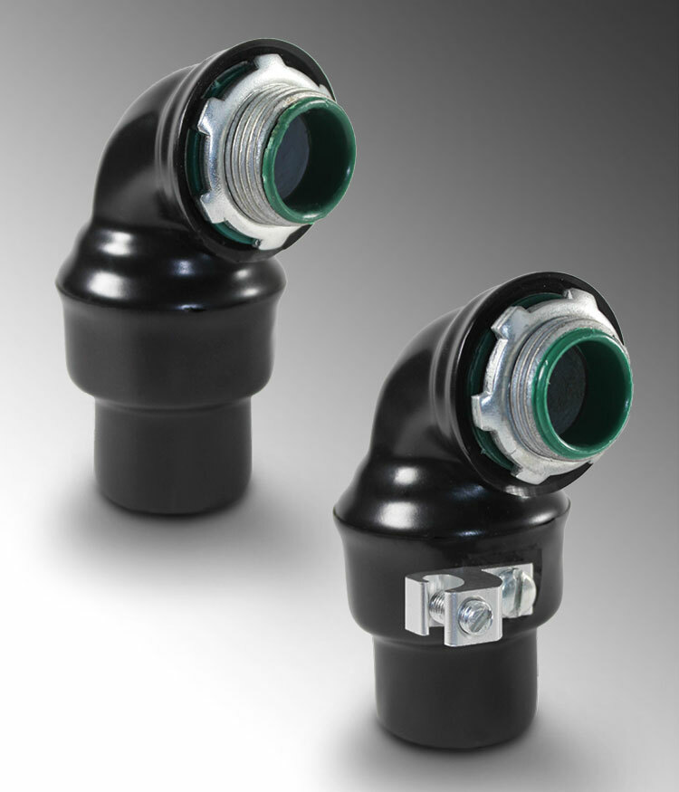 PV1200LT12590 Liquid Tight Conduit Connector, 1-1/4 in Trade, 90 deg, Steel, Galvanized/PVC Coated