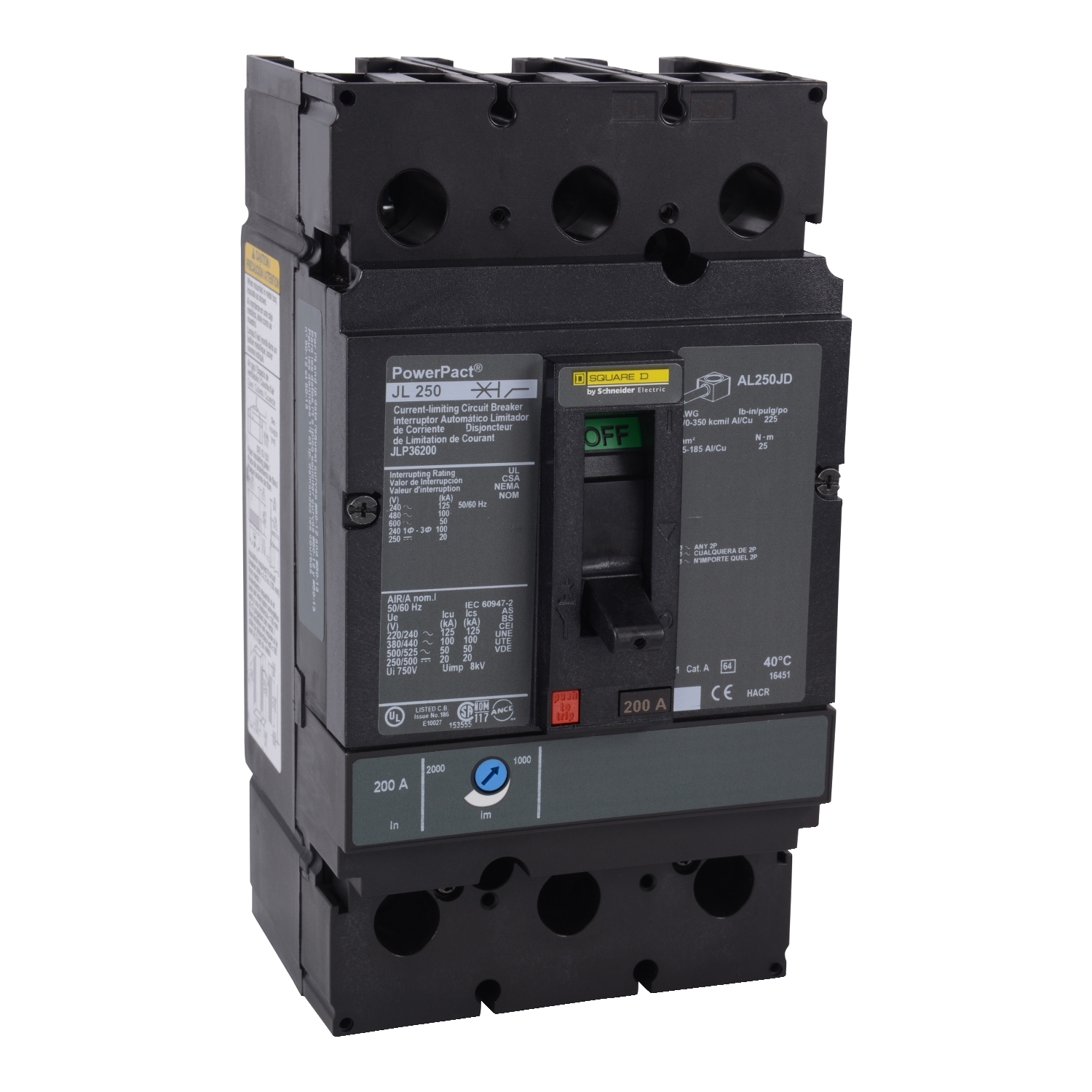 JLP36200 PowerPact 80% Rated Molded Case Circuit Breaker, 600 V AC, 200 A, 125 kA at 240 V AC/100 kA at 480 V AC/50 kA at 600 V AC/20 kA at 250 VDC/50 kA at 500 VDC Interrupt, 3 Poles, Thermal Magnetic Trip