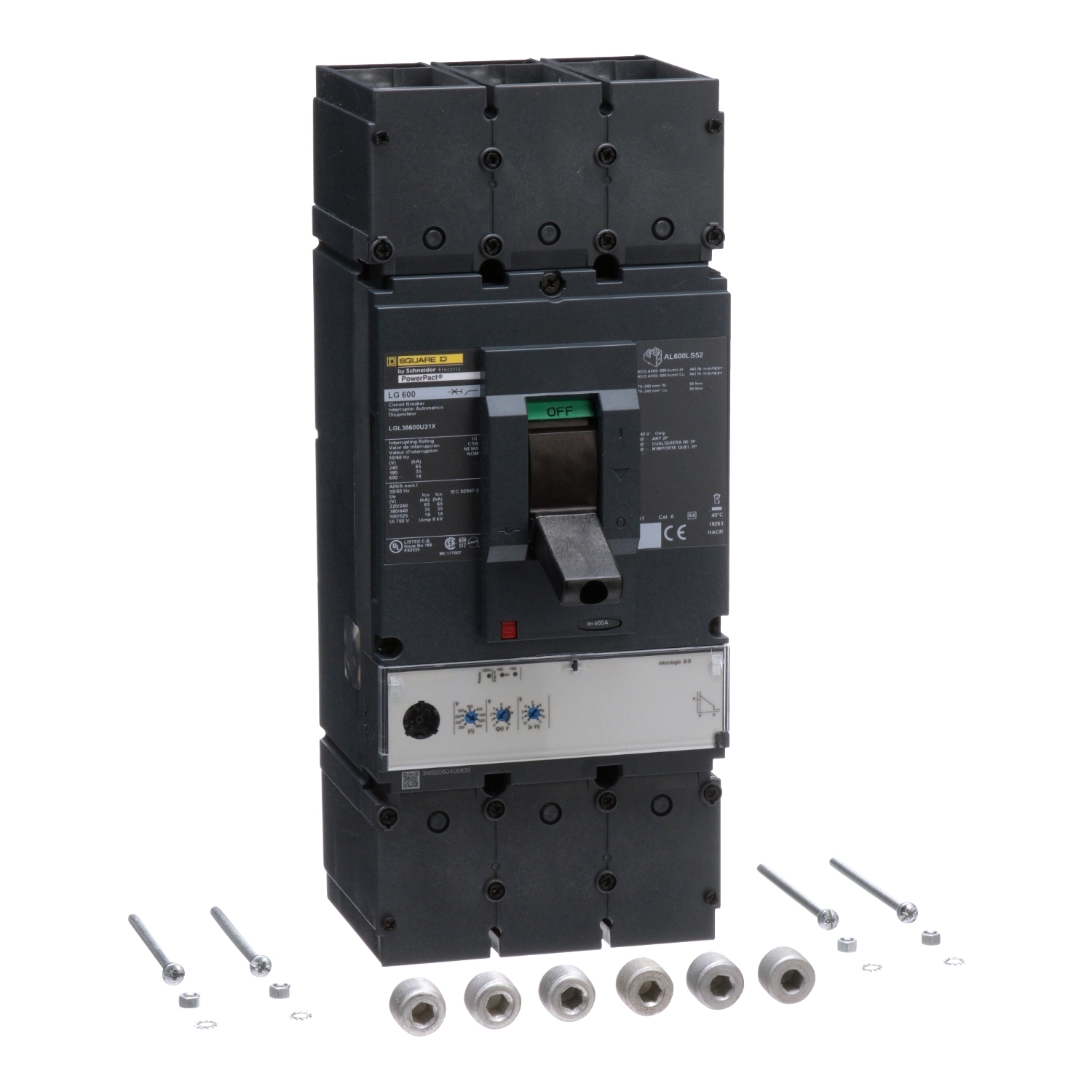 LGL36600U31X PowerPact 80% Rated Molded Case Circuit Breaker, 600 V AC, 600 A, 18 kA at 600 V AC Interrupt, 3 Poles, Electronic Trip