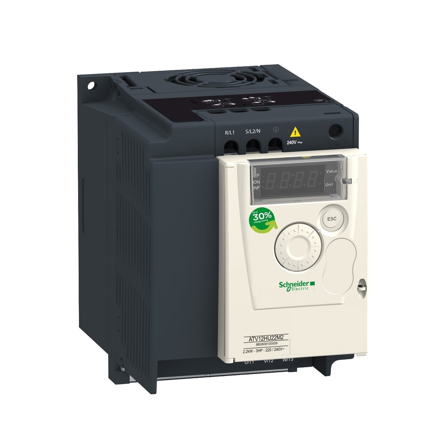 ATV12HU22M2 Altivar 1-Phase Variable Speed Drive With Heat Sink, 200 to 240/230 V AC, 20.2/24 A, 3 hp, 4.13 in W x 6.15 in D