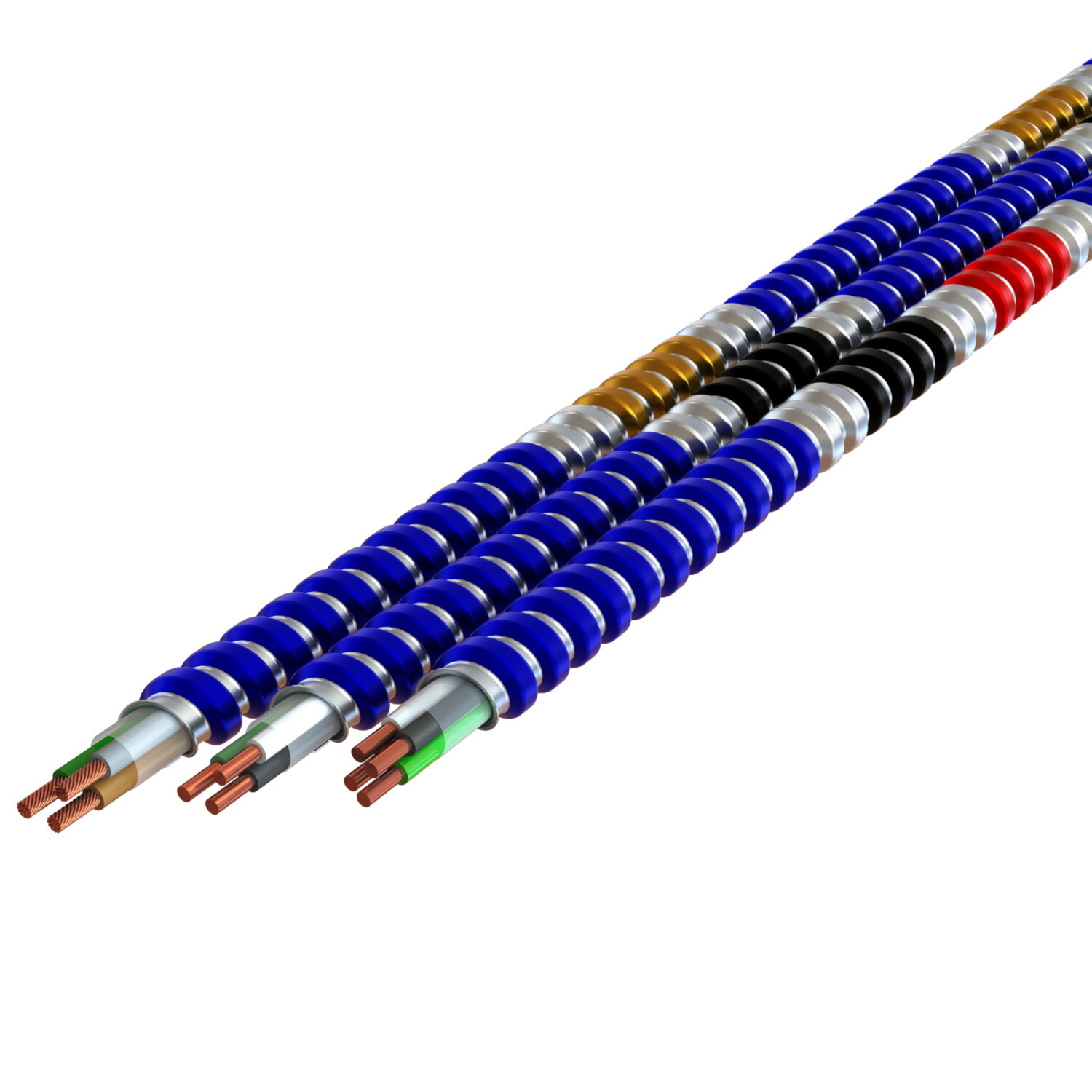 10-3 Solid Black, Red, White, Green - MC Tuff, Blue Interlocked Lightweight Galvanized Steel Armor with phase ID - Type MC - 250' Coil