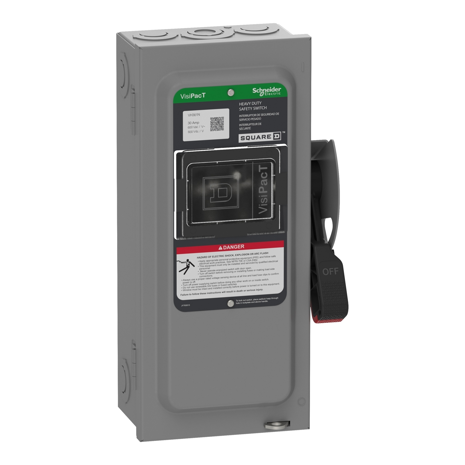 VH361N Heavy Duty Fusible Disconnect Safety Switch, 600 V AC, 600 V DC, 30 A, 5, 7.5, 15, 20 hp, 3 Poles