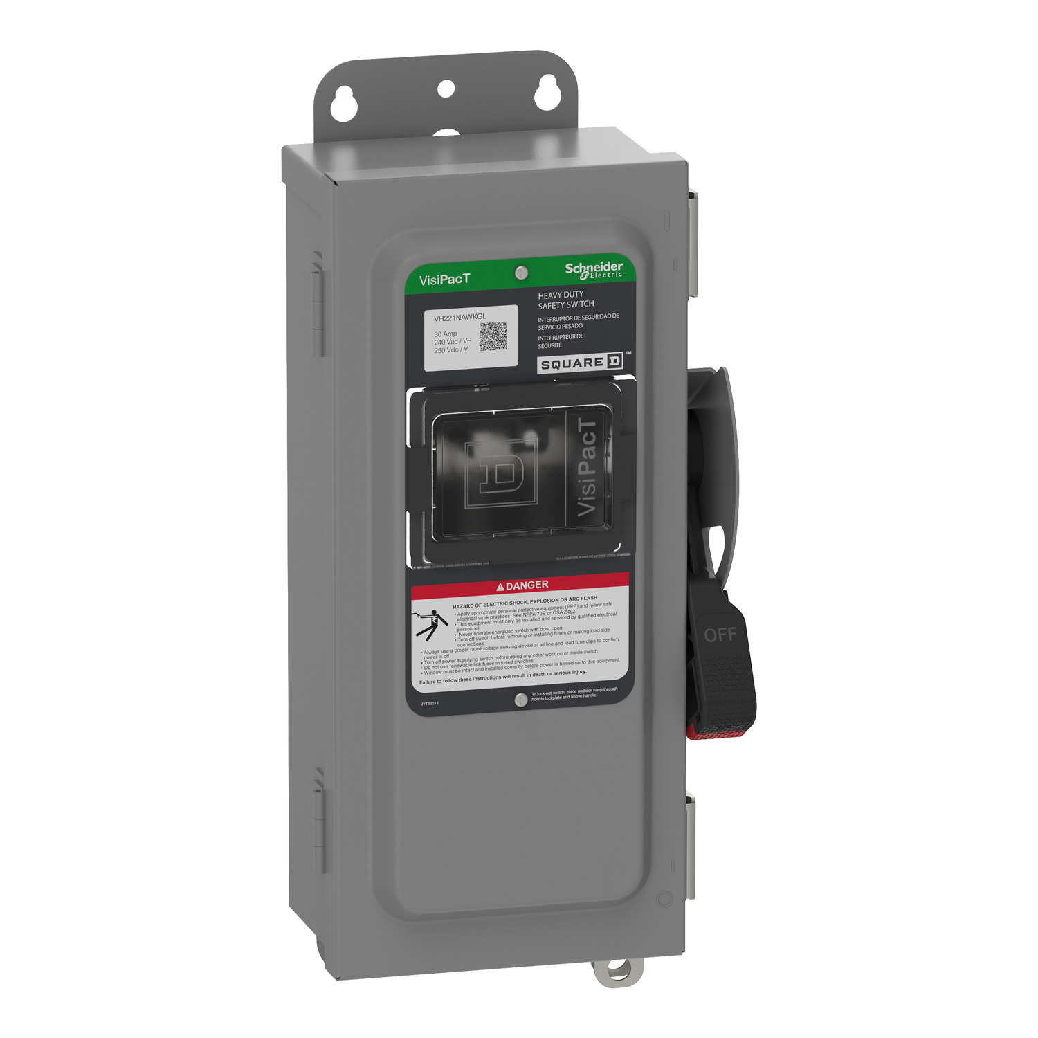 VH221NAWKGL Heavy Duty Fusible Disconnect Safety Switch, 240 VAC, 250 VDC, 30 A, 1.5, 3, 5, 7.5 hp, 2 Poles
