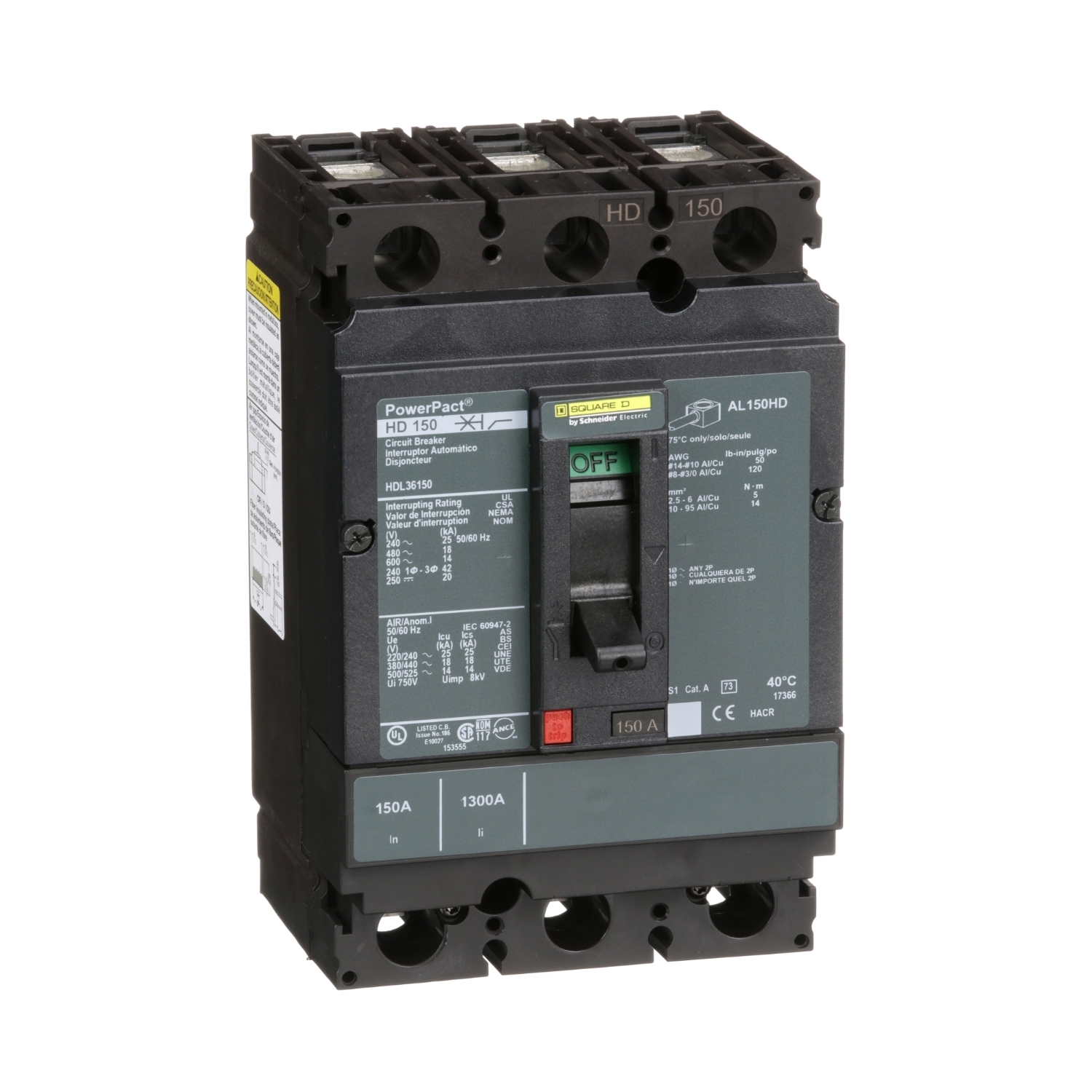 HDL36150 PowerPact 80% Rated Type HDA Molded Case Circuit Breaker, 600 V AC/250 V DC, 150 A, 25 kA at 240 VAC/18 kA at 480 VAC/14 kA at 600 VAC/20 kA at 250VDC Interrupt, 3 Poles, Thermal Magnetic Trip