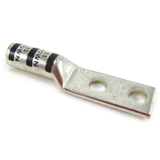 256-30695-1300 Color-Keyed 2-Hole Non-Insulated Compression Lug With Peep Hole, 2 AWG Copper Conductor, Die Code: 33, 1/4 in Stud, Copper