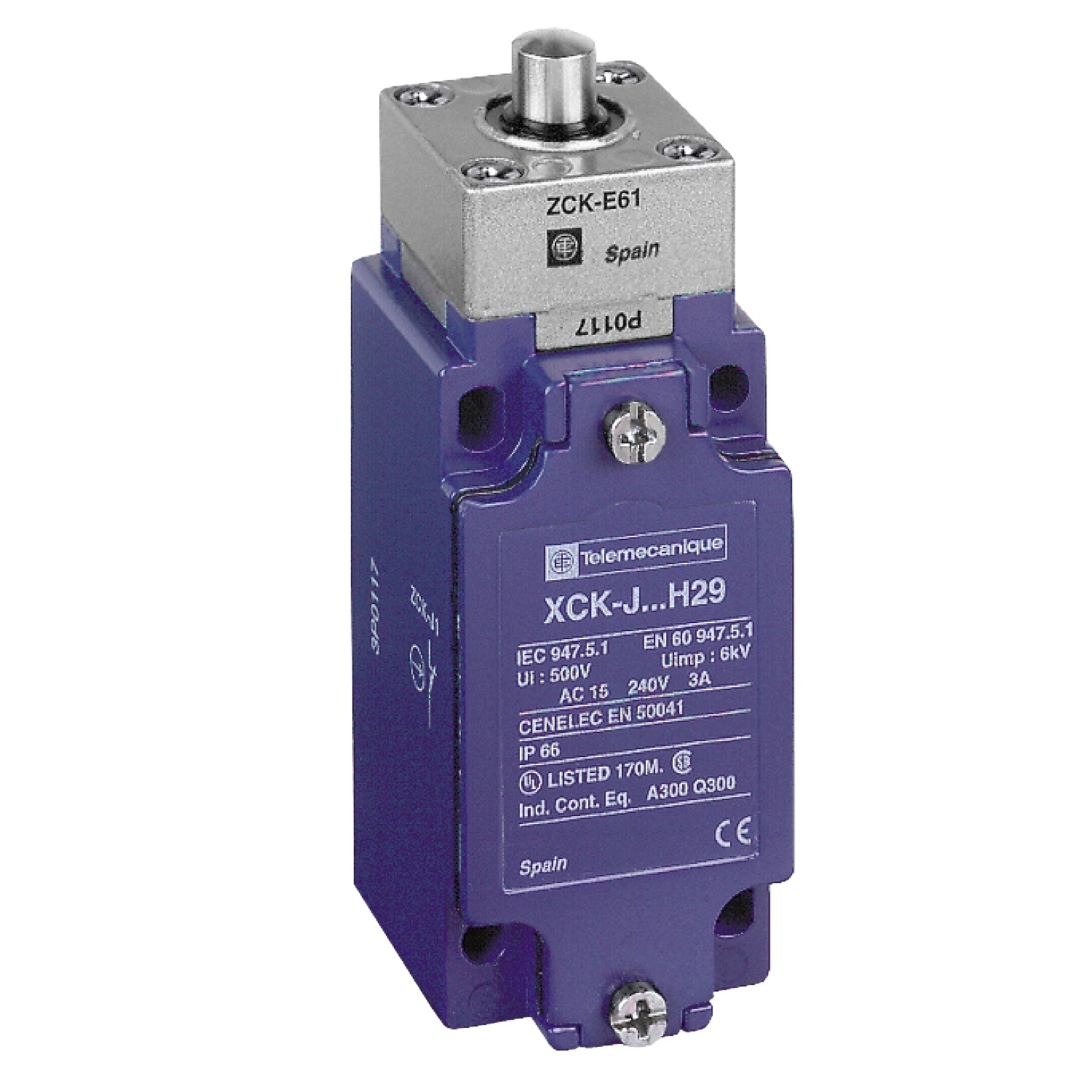 XCKJ161H7 OsiSense Fixed Heavy Duty Standard Format Limit Switch, 240 V AC/250 V DC, 10 A, Metal End Plunger Actuator, 1NO-1NC Contact, 2 Poles