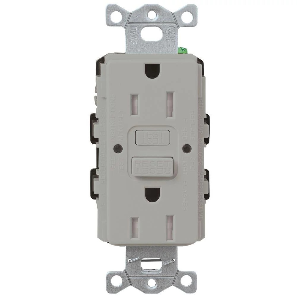 CAR-15-GFST-GR Claro Tamper-Resistant GFCI Duplex Receptacle, Decorator-Style Outlet, 15 Amp, Self-Testing, Gloss, Gray