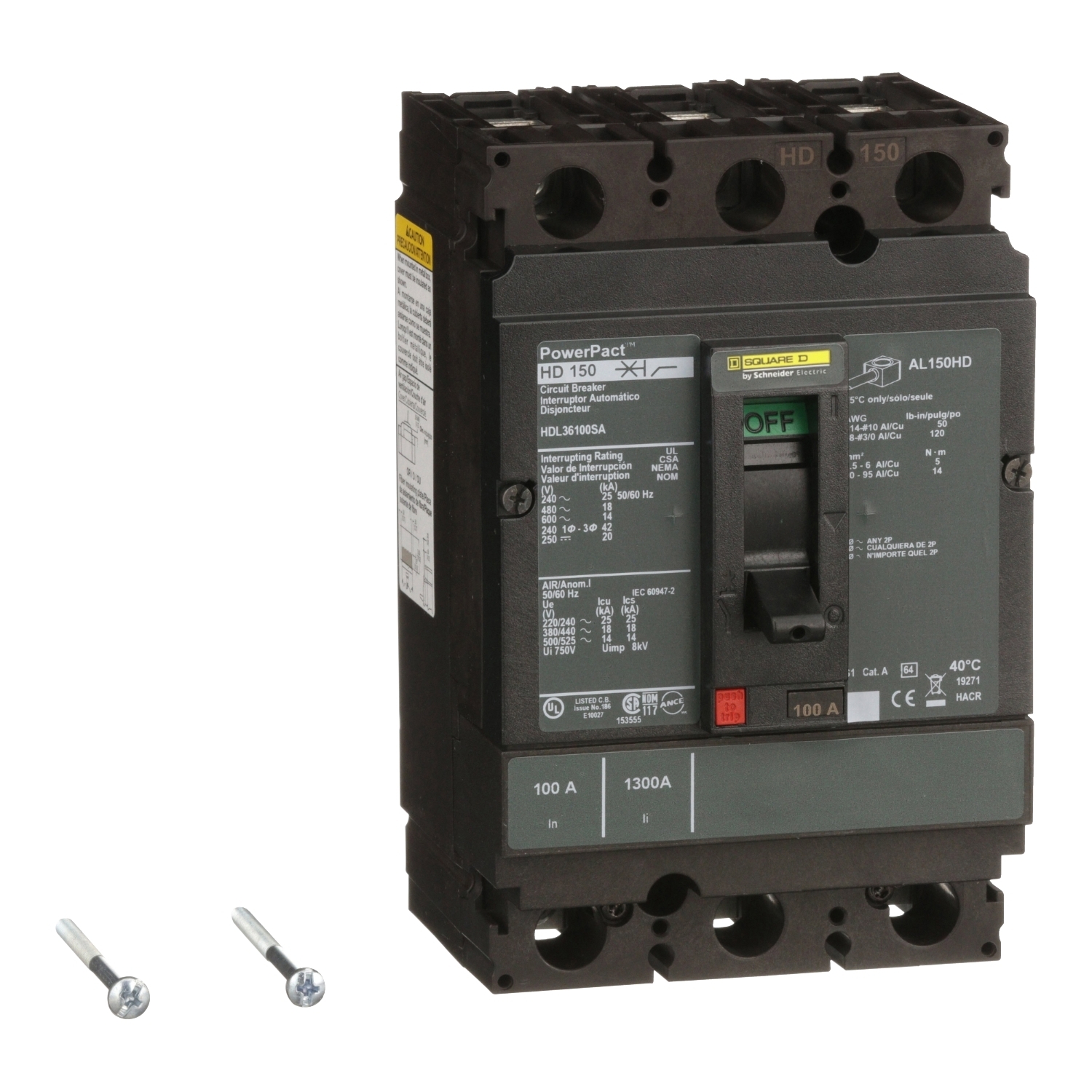 HDL36100SA I-Line PowerPact Type HDL Molded Case Circuit Breaker, 600 V AC/250 V DC, 100 A, 25 kA at 240 VAC/18 kA at 480 VAC/14 kA at 600 VAC/20 kA at 250 VDC Interrupt, 3 Poles, Thermal Magnetic Trip