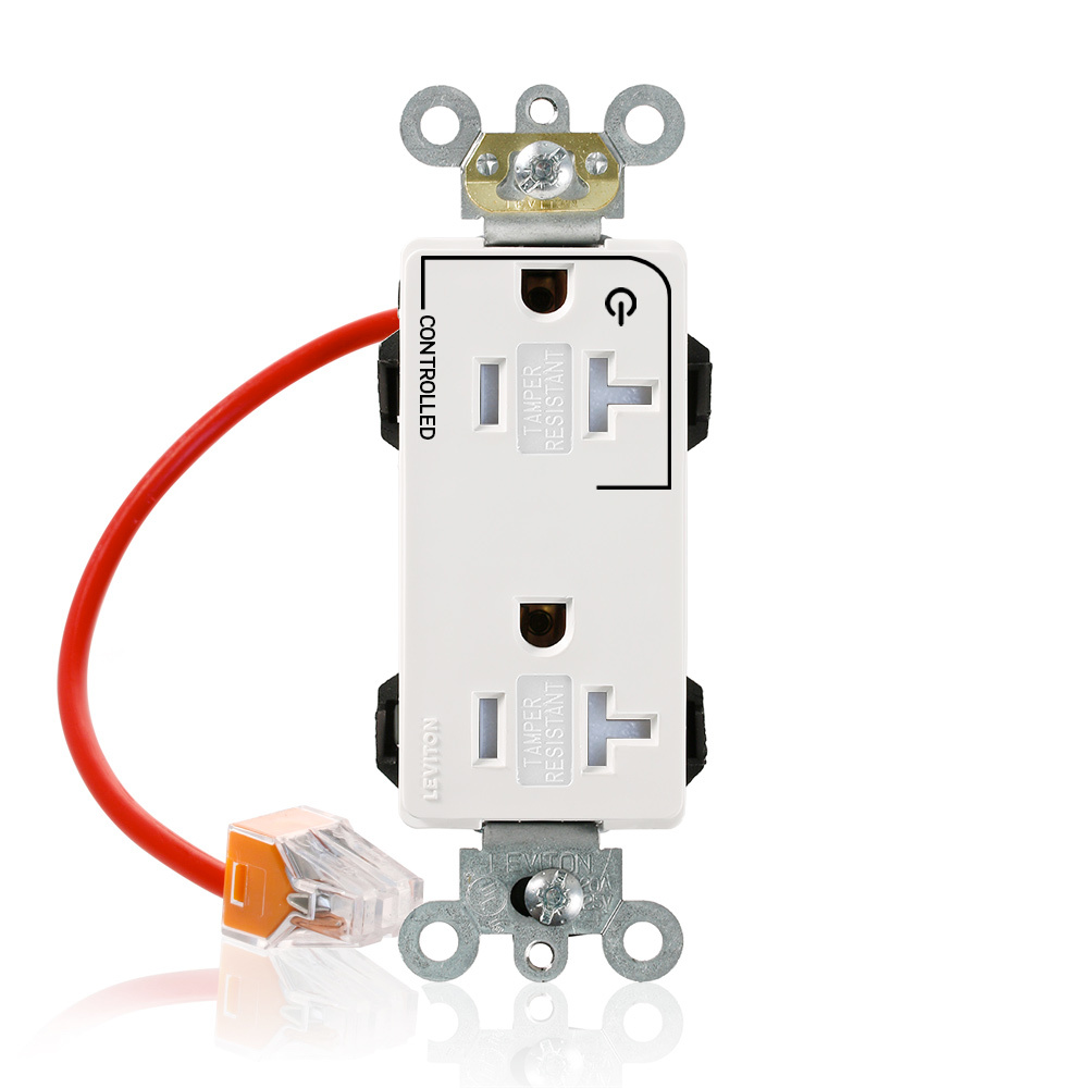 MT163-1CW Decora Plus Lev-Lok Duplex Heavy Duty Self-Grounding Smooth Face Tamper-Resistant Straight Blade Receptacle, 125 V AC, 20 A, 2 Poles, 3 Wires, White