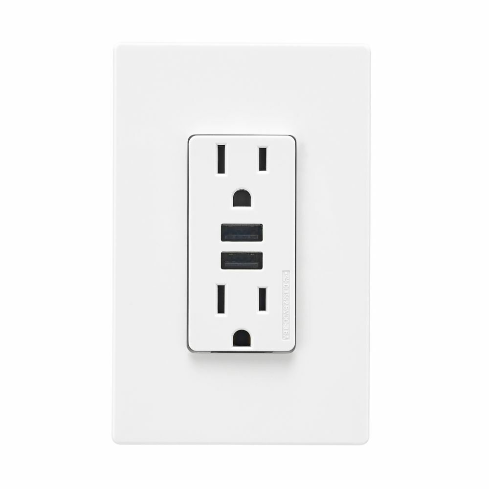 TR7765W-BOX Type A Combination USB Charger, 2 Poles, 3 Wires, White