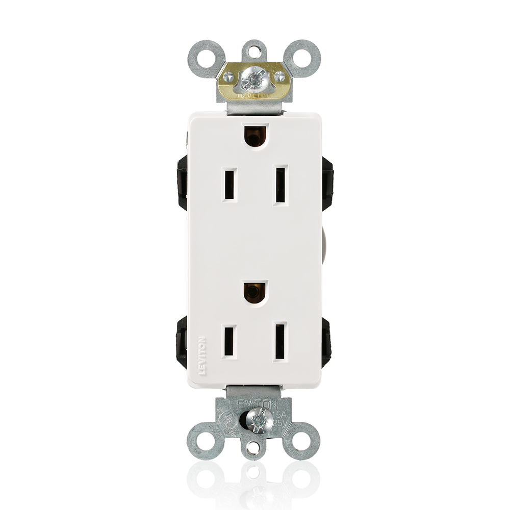 M1626-W Decora Plus Lev-Lok 1-Phase Duplex Heavy Duty Self-Grounding Straight Blade Receptacle, 125 V AC, 15 A, 2 Poles, 3 Wires, White