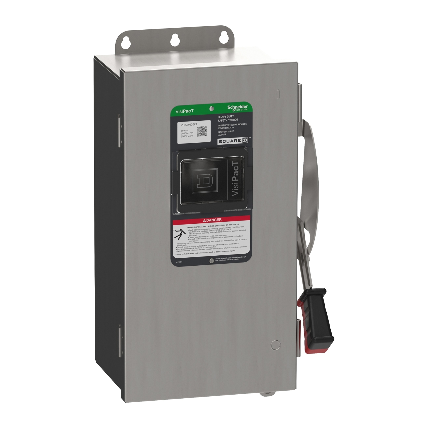 VH322NDSGL Heavy Duty Fusible Disconnect Safety Switch, 240 VAC, 250 VDC, 60 A, 3, 7.5, 10, 15 hp, 3 Poles