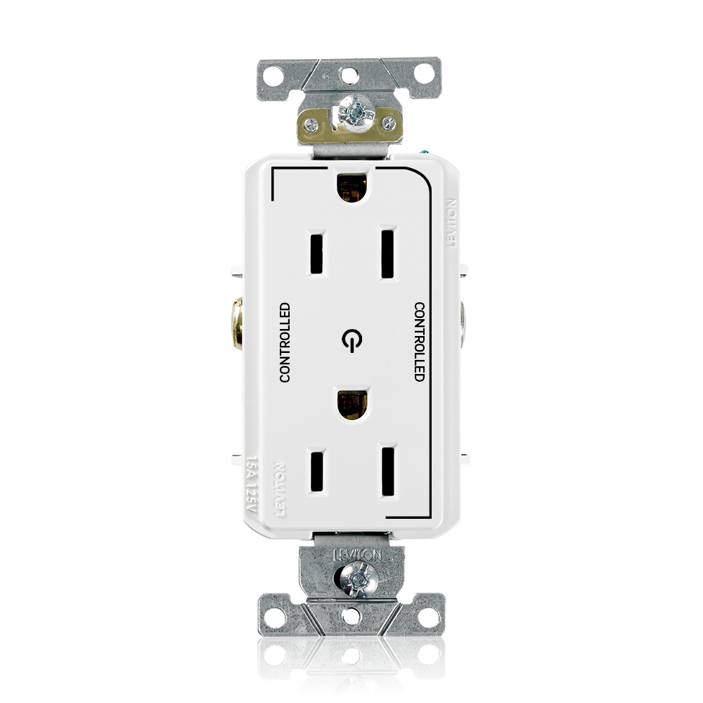 16252-2PW Decora Plus Heavy Duty Self Grounding Straight Blade Duplex Receptacle With 2 Plug Controlled Markings, 125 V AC, 15 A, 2 Poles, 3 Wires, White