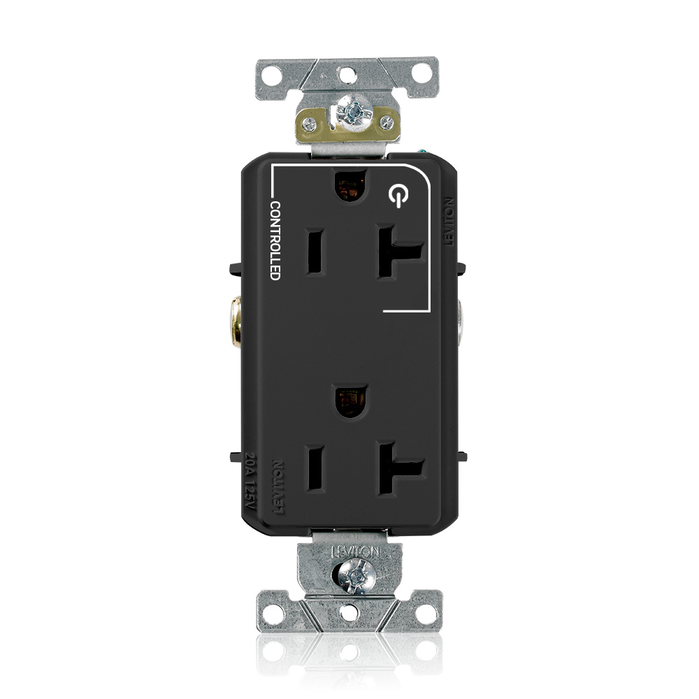 16352-1PE Decora Plus Heavy Duty Self Grounding Straight Blade Duplex Receptacle With 1 Plug Controlled Markings, 125 V AC, 20 A, 2 Poles, 3 Wires, Black