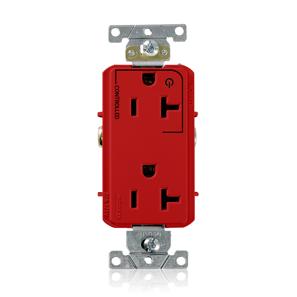 16352-1PR Decora Plus Heavy Duty Self Grounding Straight Blade Duplex Receptacle With 1 Plug Controlled Markings, 125 V AC, 20 A, 2 Poles, 3 Wires, Red