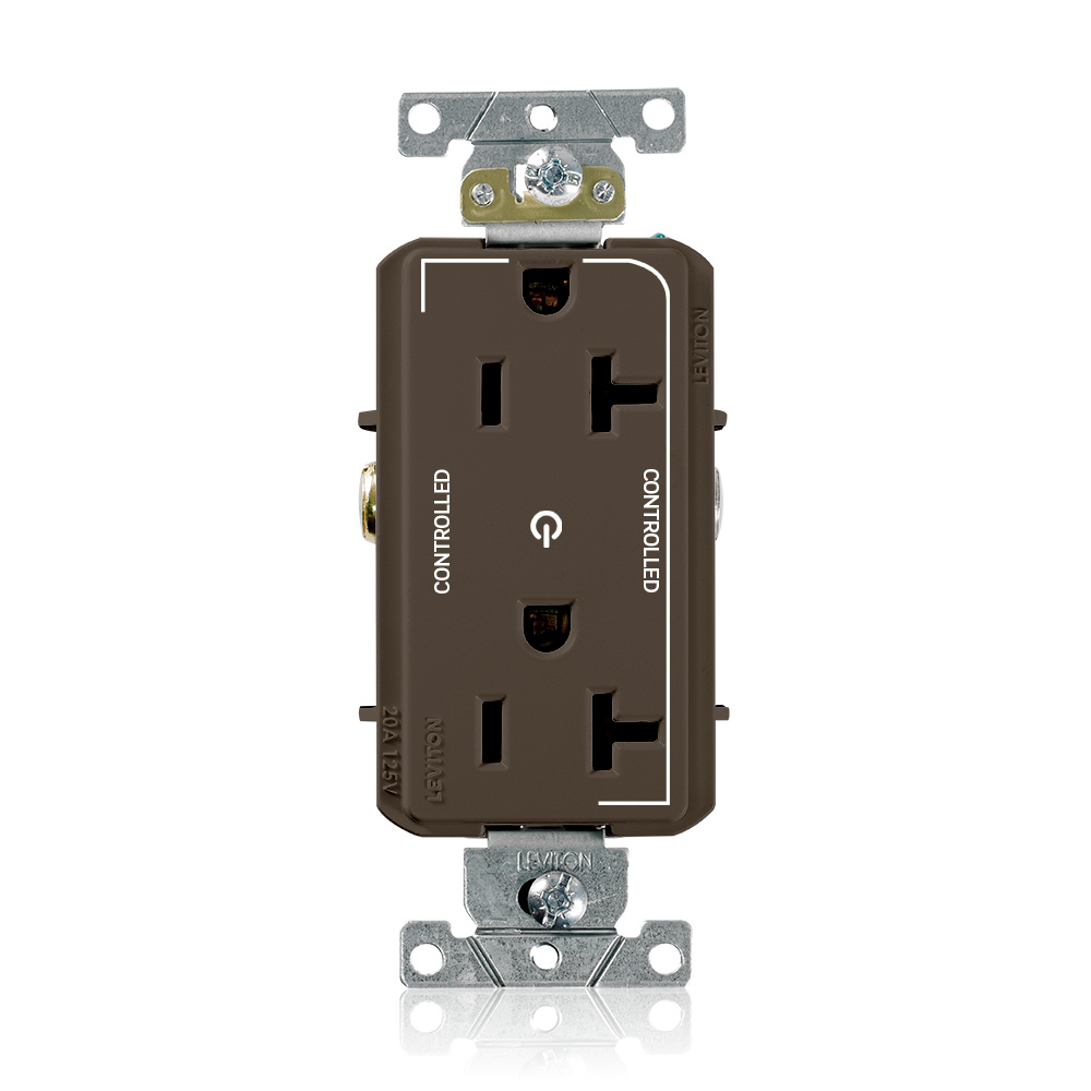 16352-2P Decora Plus Heavy Duty Self Grounding Straight Blade Duplex Receptacle With 2 Plug Controlled Markings, 125 V AC, 20 A, 2 Poles, 3 Wires, Brown