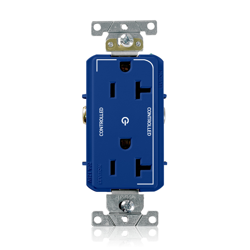 16352-2PB Decora Plus Heavy Duty Self Grounding Straight Blade Duplex Receptacle With 2 Plug Controlled Markings, 125 V AC, 20 A, 2 Poles, 3 Wires, Blue