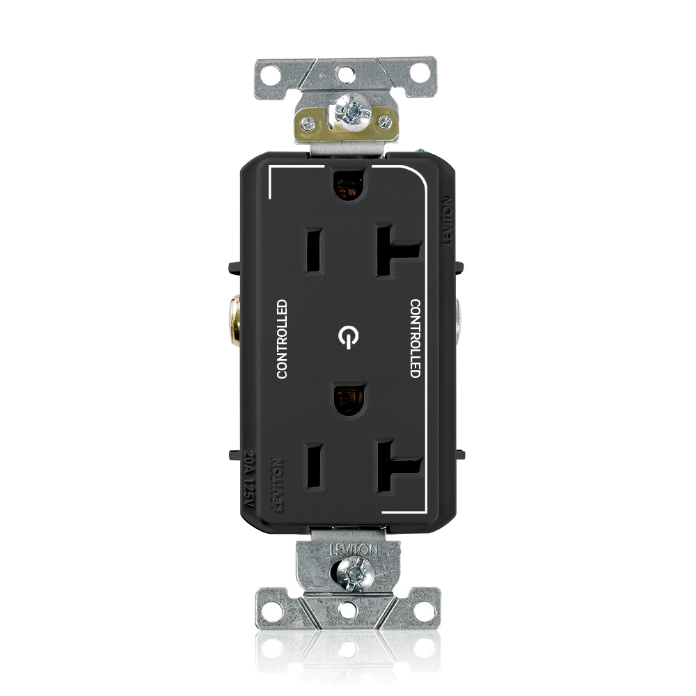 16352-2PE Decora Plus Heavy Duty Self Grounding Straight Blade Duplex Receptacle With 2 Plug Controlled Markings, 125 V AC, 20 A, 2 Poles, 3 Wires, Black