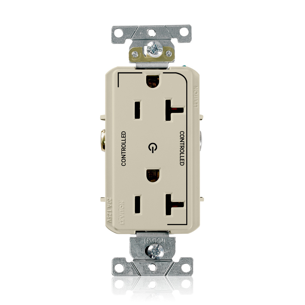 16352-2PI Decora Plus Heavy Duty Self Grounding Straight Blade Duplex Receptacle With 2 Plug Controlled Markings, 125 V AC, 20 A, 2 Poles, 3 Wires, Ivory