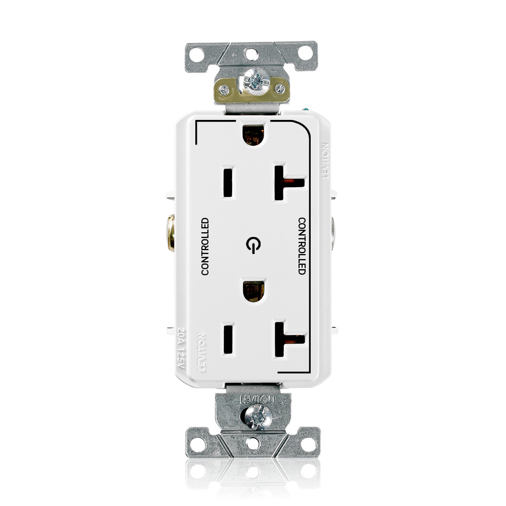 16352-2PW Decora Plus Heavy Duty Self Grounding Straight Blade Duplex Receptacle With 2 Plug Controlled Markings, 125 V AC, 20 A, 2 Poles, 3 Wires, White