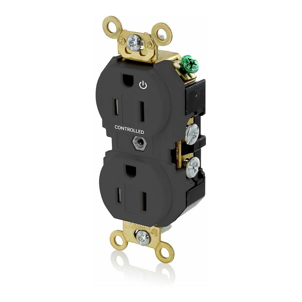 5262-1PE Duplex Extra Heavy Duty Self-Grounding Tamper Resistant Straight Blade Receptacle With 1 Plug Controlled Markings, 125 V AC, 15 A, 2 Poles, 3 Wires, Black