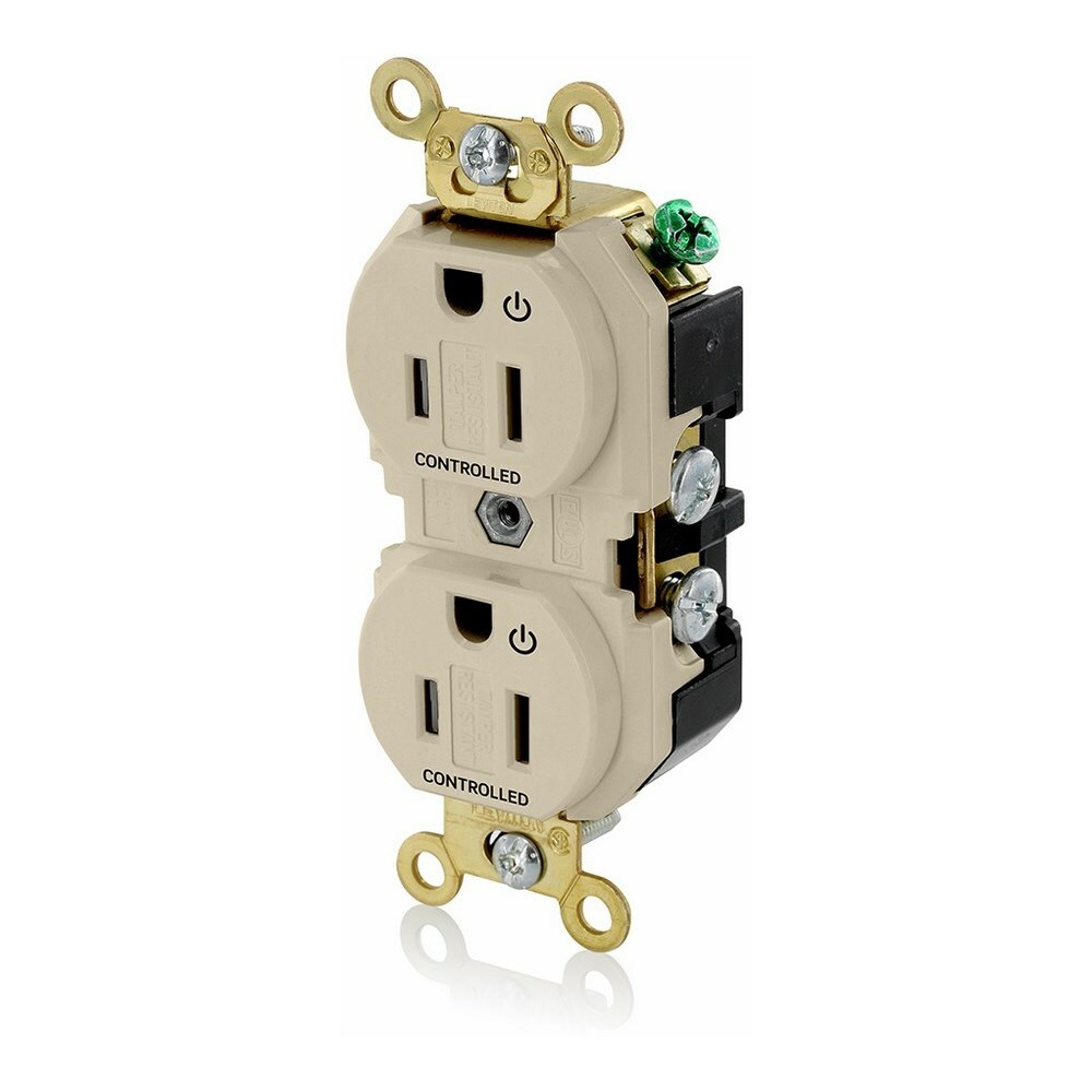 5262-2PI Extra Heavy Duty Self Grounding Tamper Resistant Straight Blade Duplex Receptacle With 2 Plug Controlled Markings, 125 V AC, 15 A, 2 Poles, 3 Wires, Ivory