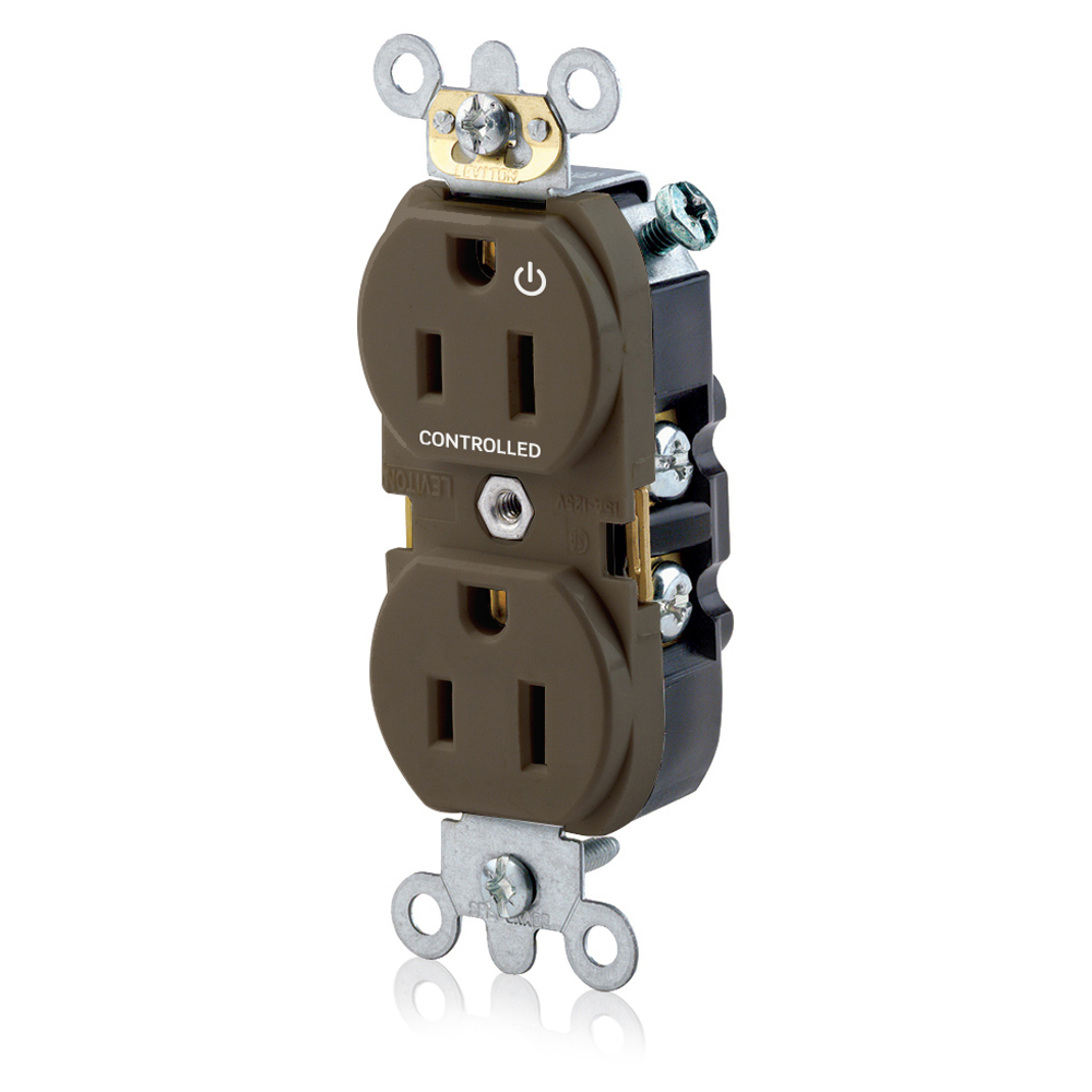 5262-S1 Heavy Duty Narrow Body Straight Blade Duplex Receptacle With 1 Plug Controlled Markings, 125 V AC, 15 A, 2 Poles, 3 Wires, Brown