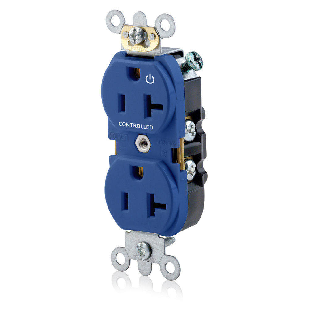 5362-S1B Heavy Duty Narrow Body Straight Blade Duplex Receptacle With 1 Plug Controlled Markings, 125 V AC, 20 A, 2 Poles, 3 Wires, Blue