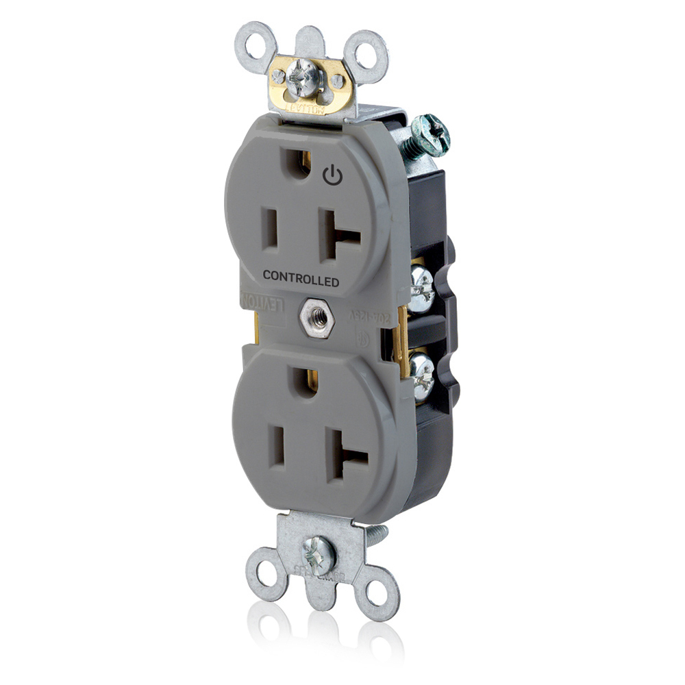 5362-S1G Heavy Duty Narrow Body Straight Blade Duplex Receptacle With 1 Plug Controlled Markings, 125 V AC, 20 A, 2 Poles, 3 Wires, Gray