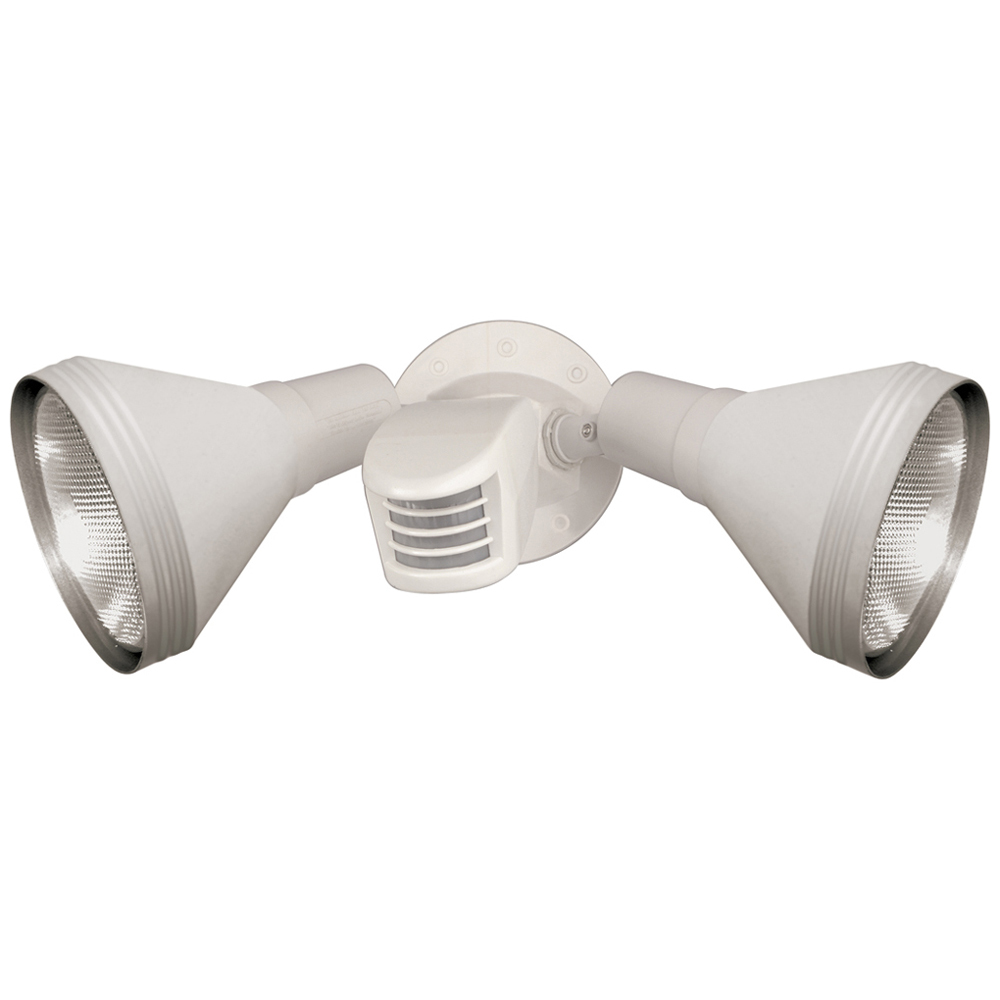 76-530 Exterior Traditional Utility Floodlight Fixture With Adjustable Swivel and Motion Sensor, (2) Halogen Lamp, 150 W Fixture, 120 VAC, White Housing