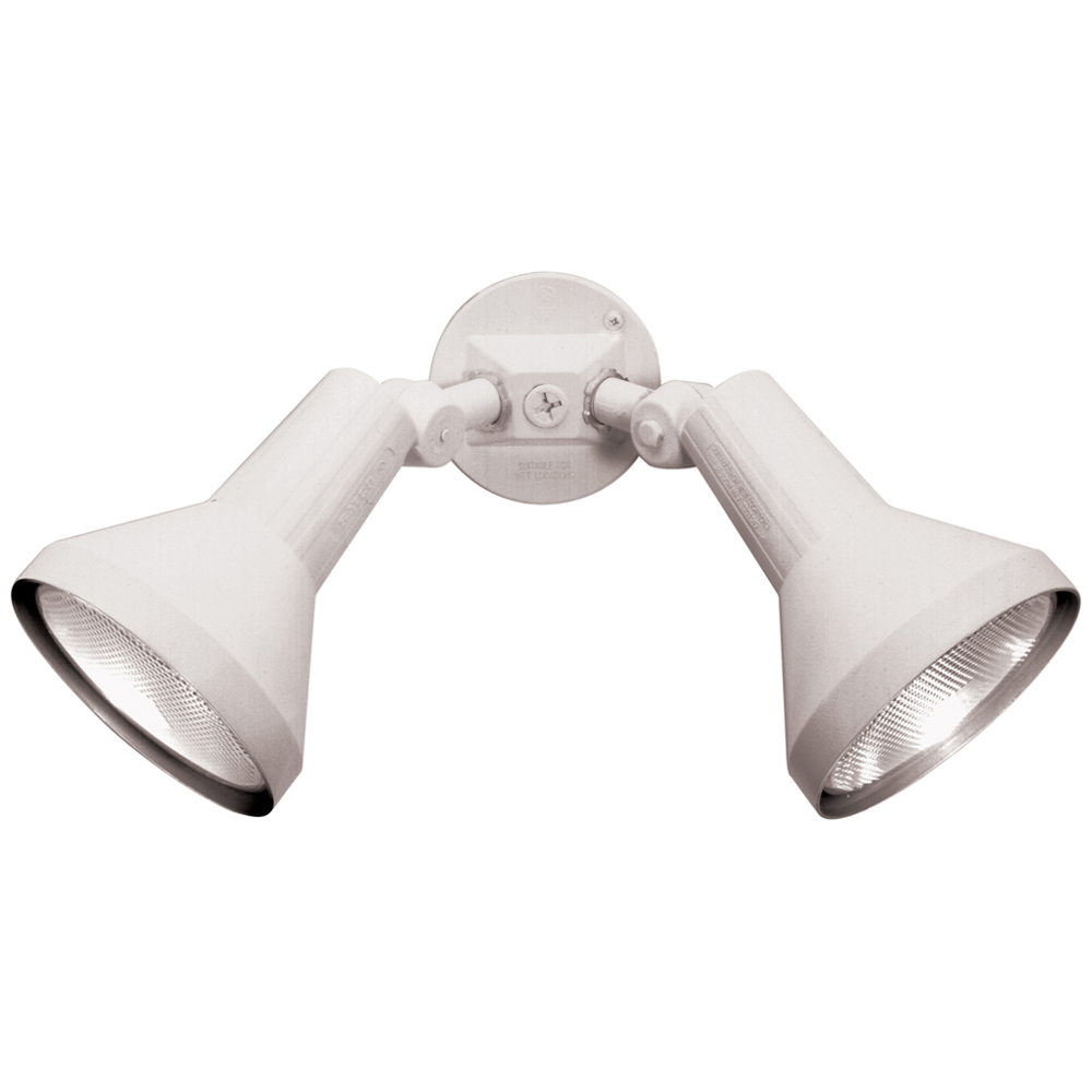 77-488 Exterior Utility Floodlight Fixture With Adjustable Swivel, (2) Halogen Lamp, 150 W Fixture, 120 VAC, White Housing
