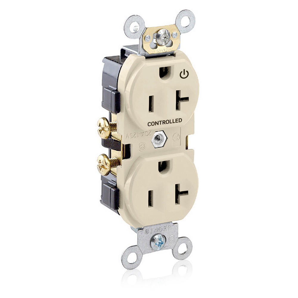 CR020-1PI Self Grounding Straight Blade Duplex Receptacle, 125 V AC, 20 A, 2 Poles, 3 Wires, Ivory