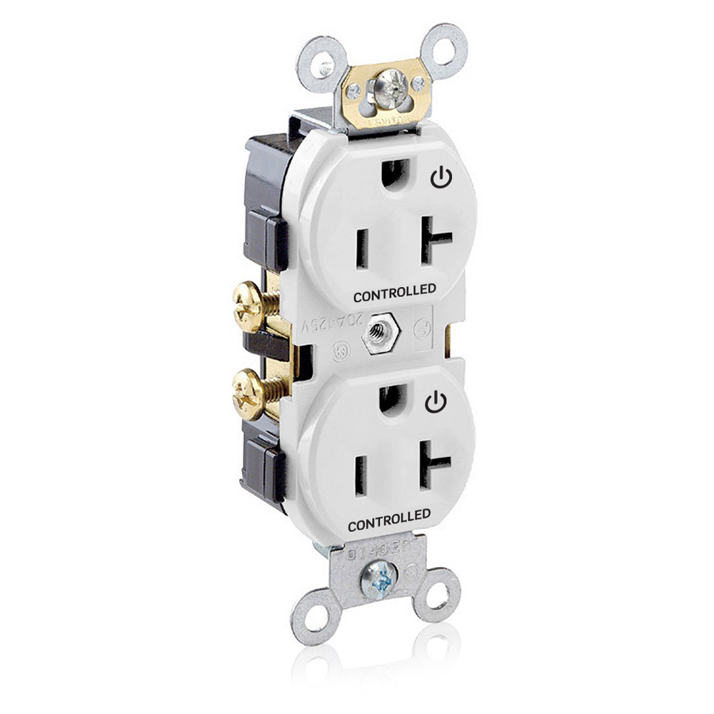 CR020-2PW Controlled Self-Grounding Straight Blade Duplex Receptacle, 125 V AC, 20 A, 2 Poles, 3 Wires, White