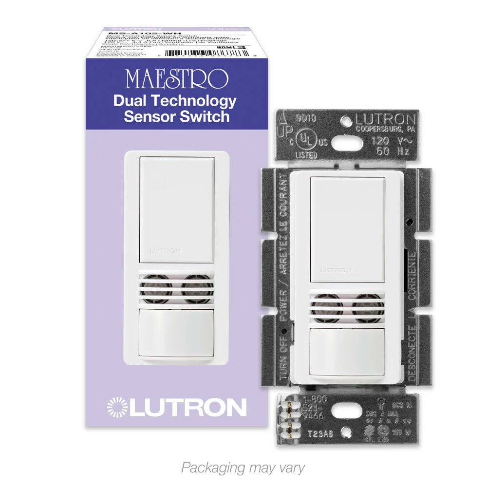 MS-A102-WH Maestro Dual-Tech Motion Sensor Switch, 6 Amp, 120-277V, 1 Pole, Ground or Neutral Required, White
