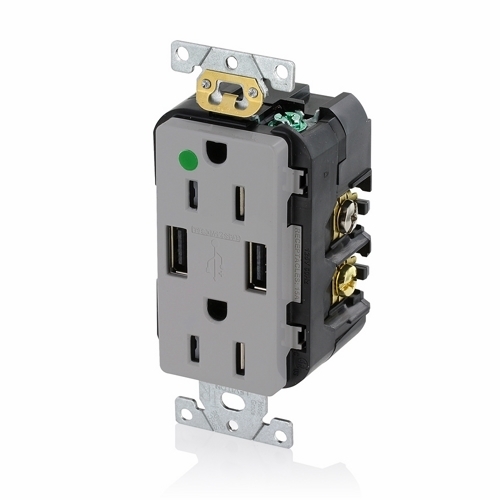 T5632-HGG Type A Duplex Tamper-Resistant Receptacle and USB Charger, 15 A/125 V AC/0.5 hp, 2 Poles, 3 Wires, Gray