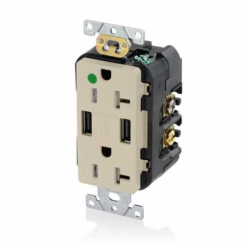 T5832-HGI Combination Grounding Tamper-Resistant USB Charger Receptacle With USB, 125 V AC, 20 A, 1 hp, 2 Poles, 3 Wires, Ivory