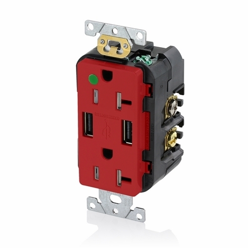 T5832-HGR Type A Combination Duplex Tamper-Resistant Receptacle and USB Charger, 20 A, 125 V AC, 1 hp, 2 Poles, 3 Wires, Red