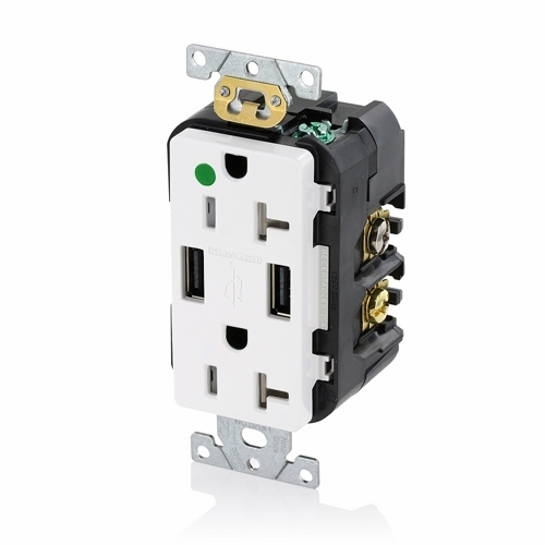 T5832-HGW Type A Combination Duplex Tamper-Resistant Receptacle and USB Charger, 20 A, 125 V AC, 1 hp, 2 Poles, 3 Wires, White