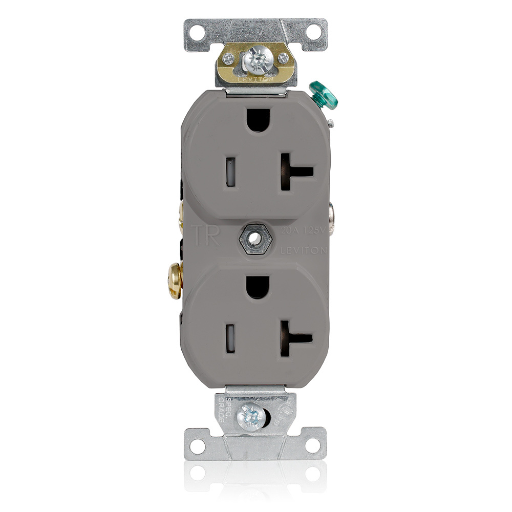 TCR20-GY Duplex Self-Grounding Tamper and Weather Resistant Straight Blade Receptacle, 125 V AC, 20 A, 2 Poles, 3 Wires, Gray