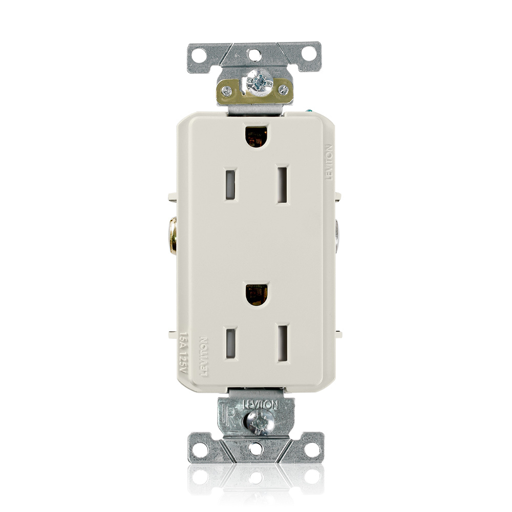 TDR15-T Decora Duplex Self-Grounding Straight Blade Receptacle, 125 V AC, 15 A, 2 Poles, 3 Wires, Light Almond