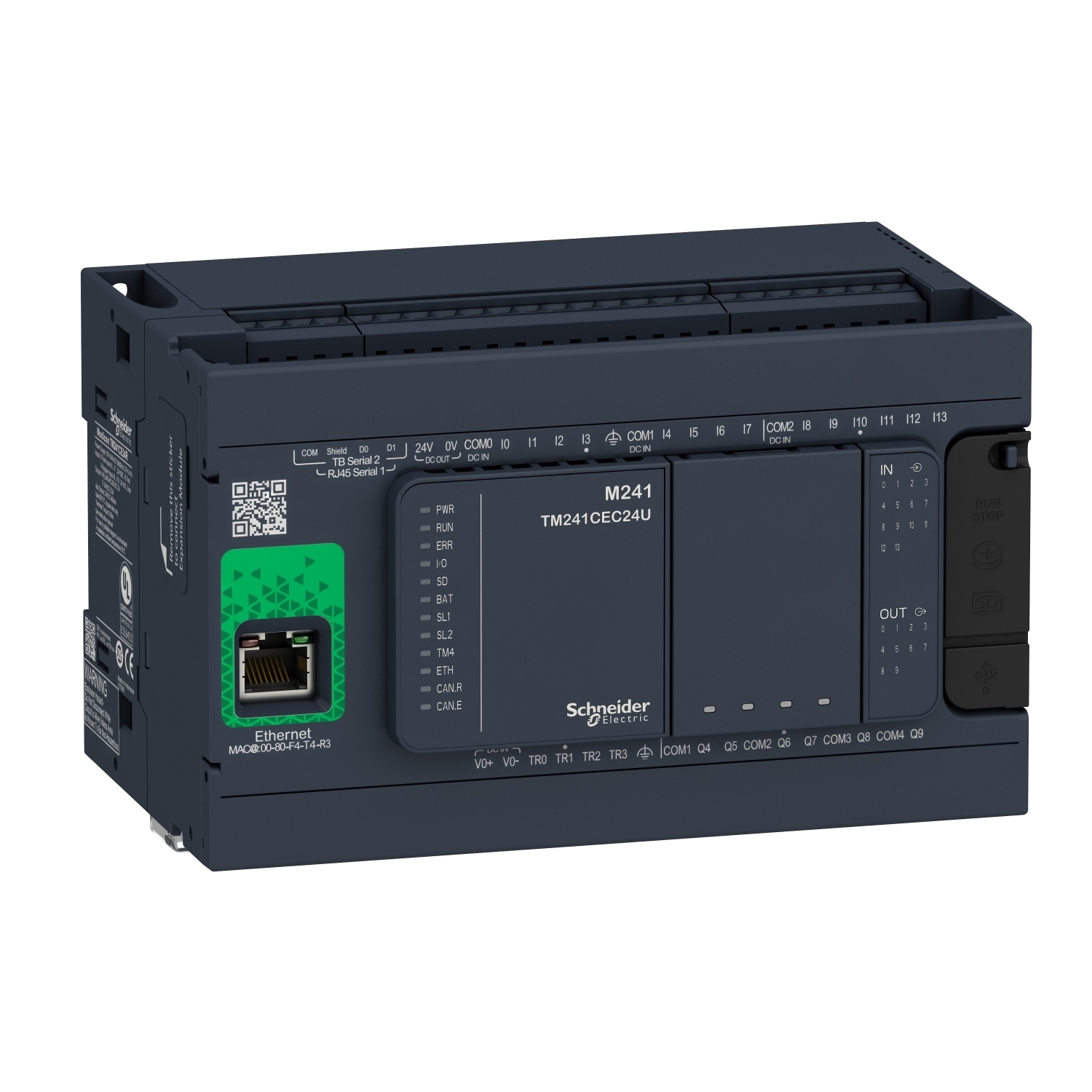 TM241CE24R Modicon M241 Logic Controller, 100 to 240 V AC, 2/0.1/0.5 A, 14 Inputs, 10 Outputs, 24 VDC/5 to 125 VDC/5 to 250 V AC Signal Range