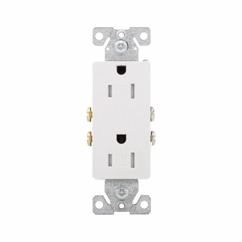 TR1107W TR1107 Decorator Duplex Grounding Tamper Resistant Straight Blade Receptacle, 125 V AC, 15 A, 2 Poles, 3 Wires, White