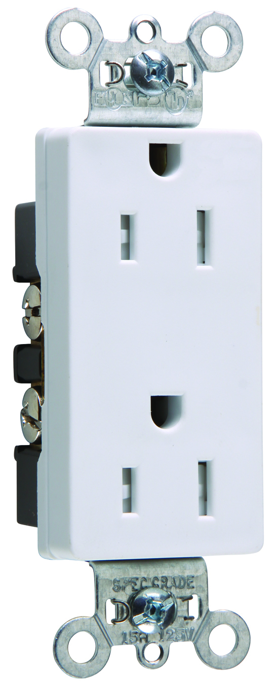 TR26242W 15 Amp 125V Spec-Grade Decorator Duplex Receptacle, Side Wire, White