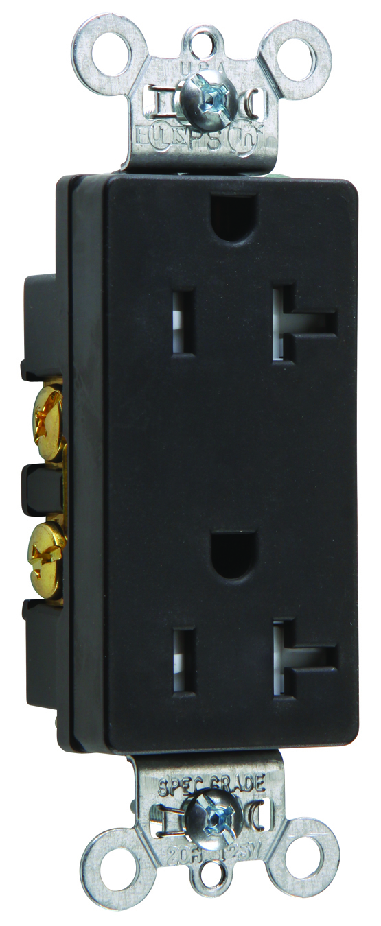 TR26342BK 20 Amp 125V Spec-Grade Decorator Duplex Receptacle, Side Wire, Black